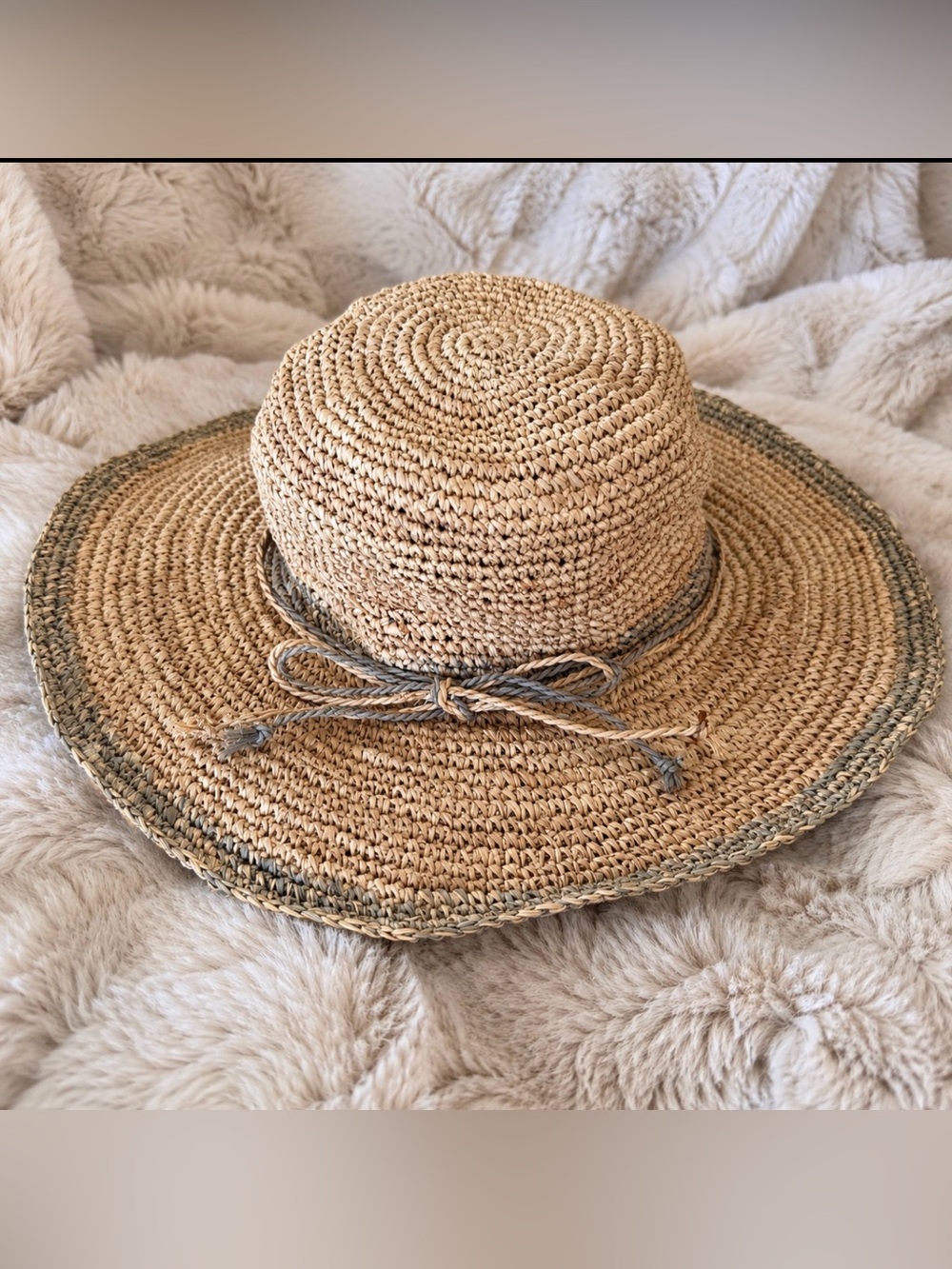 Woven Straw Sun Hat with Gray Trim and Tie Accent